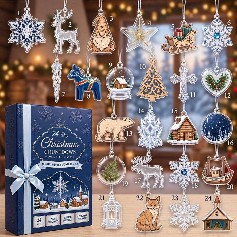 Nordic Winter Wonderland Christmas Advent Calendar 2026 24 Day Xmas Countdown Holiday Decor Gifts, 3D Acrylic Collectibles