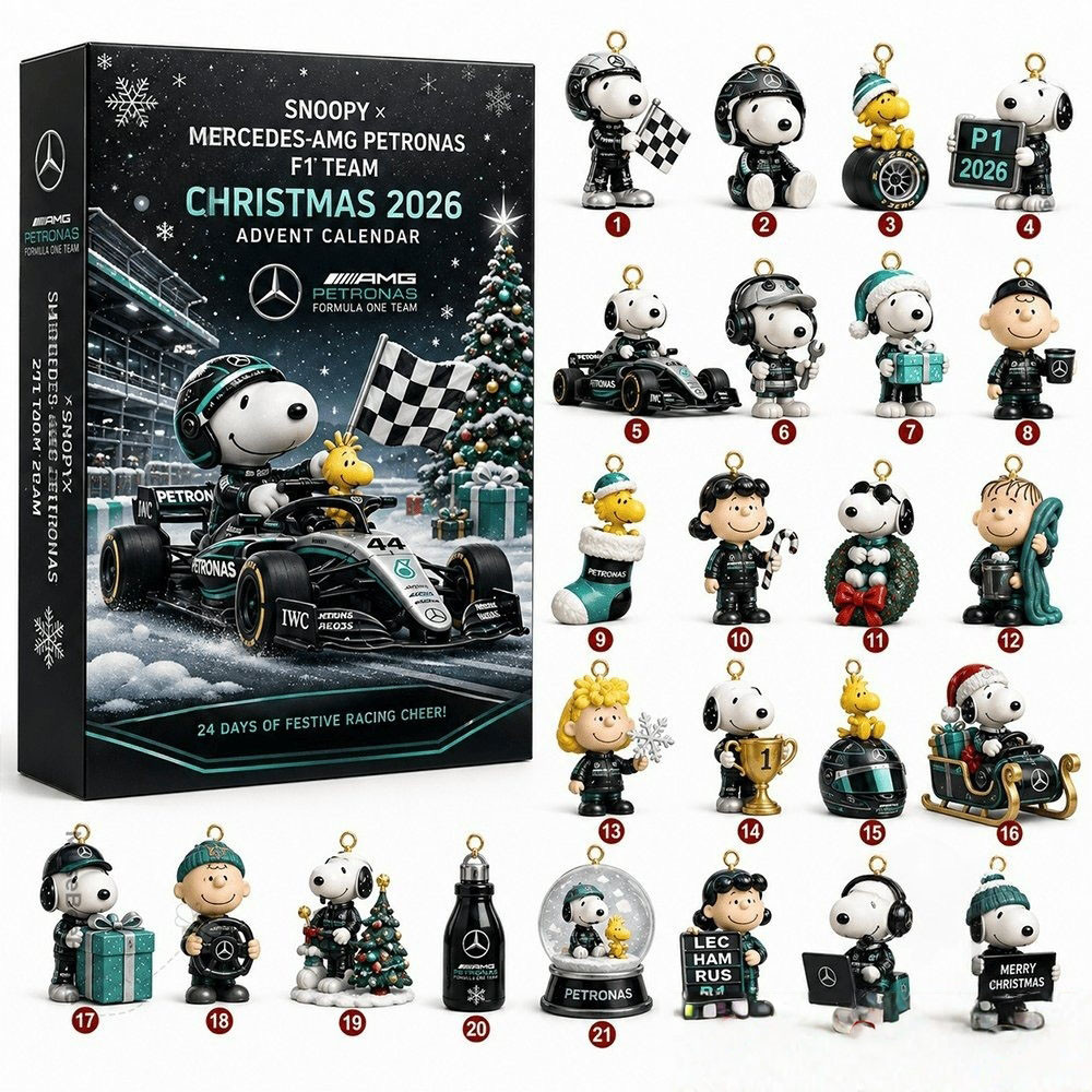 Snoopy Mercedes Amg Petronas Formula 1 Team Christmas Advent Calendar 2026 Xmas Countdown Gift, 3D Acrylic Collectibles