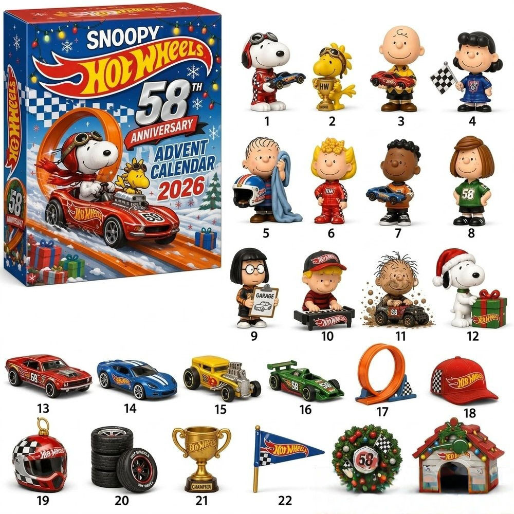 Snoopy Hot Wheels 58Th Anniversary Advent Calendar 2026 Xmas Countdown Gift For Snoopy Fans, 3D Acrylic Collectibles