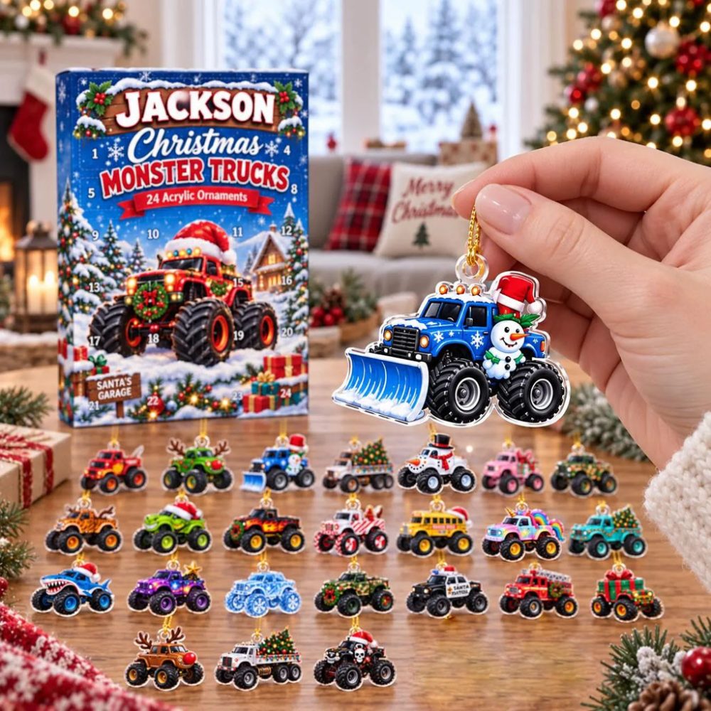 Personalized Monster Trucks Christmas Advent Calendar 2026 Xmas Tree Ornaments Gift For Kids
