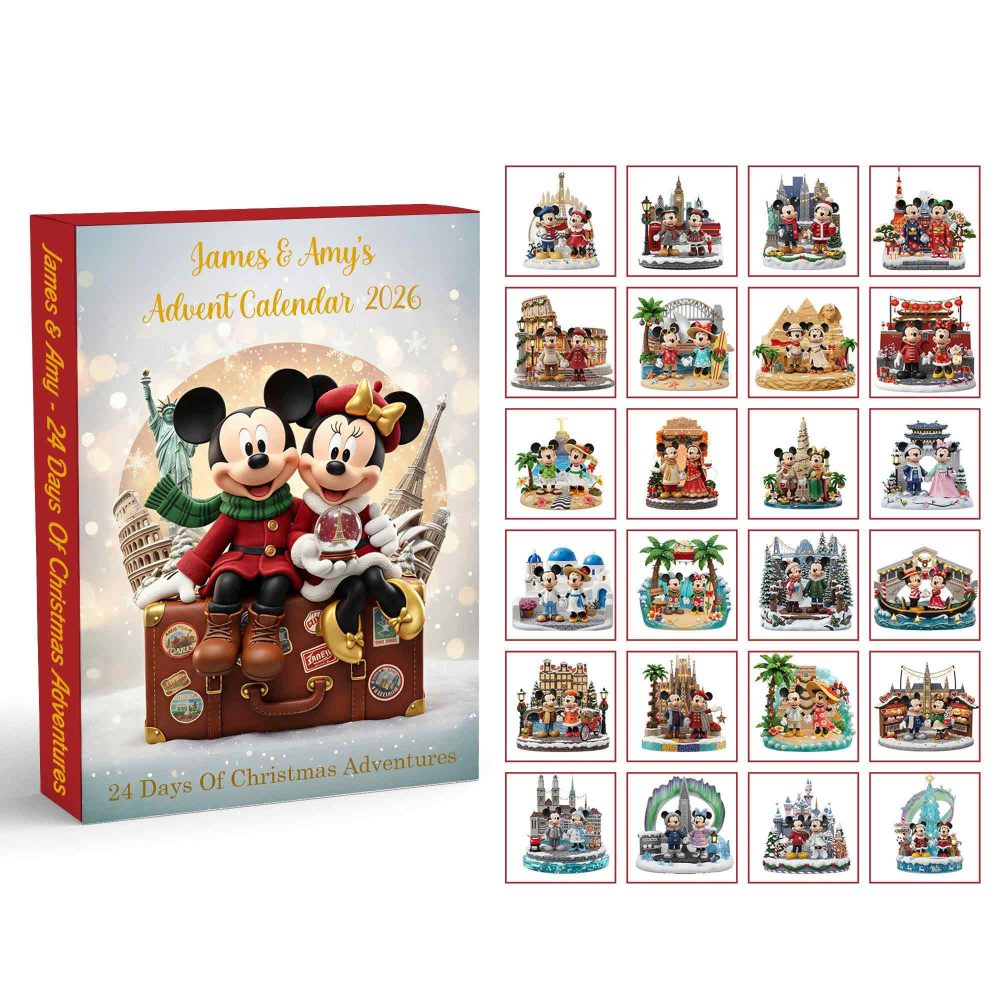 Custom Travel Couple Christmas Advent Calendar 24 Day Christmas Countdown Mickey Lover Gift, 3D Acrylic Collectibles