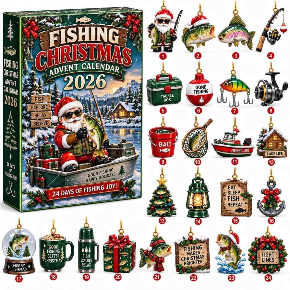 Fishing Christmas 2026 Advent Calendar Outdoor Angler Holiday Spirit Collectible Gift For Dad, 3D Acrylic Collectibles