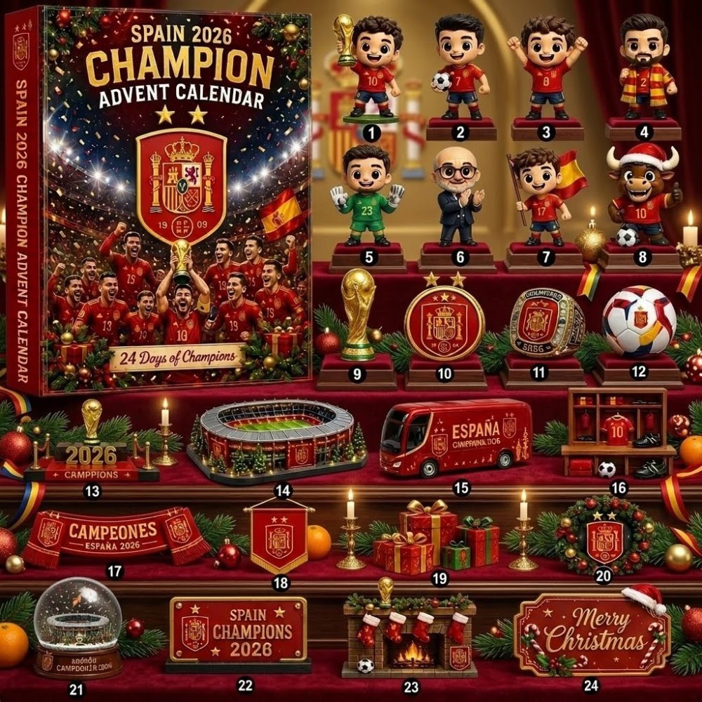 Spain National World Cup 2026 Champion 24 Day Advent Calendar Acrylic Ornaments Soccer Holiday Collectible Gift, 3D Acrylic Collectibles