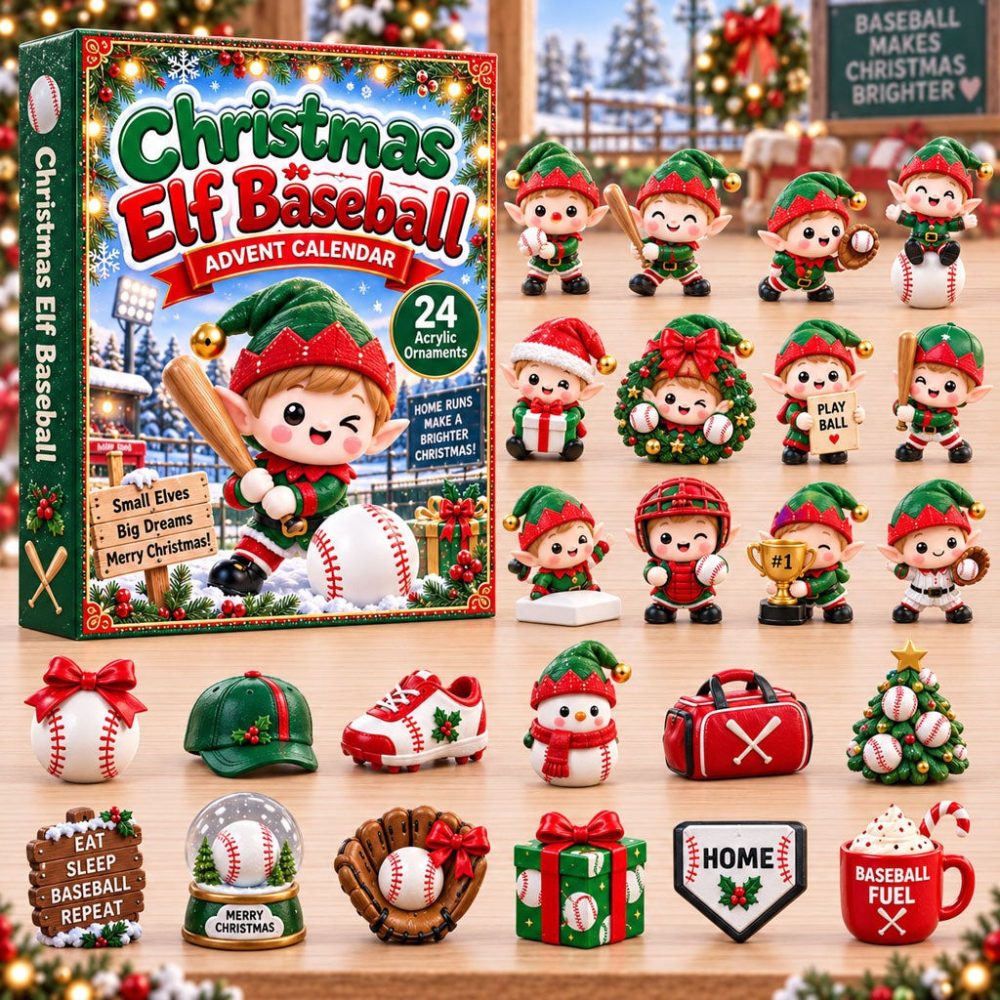 Christmas Elf Baseball Advent Calendar 2026 24 Day Countdown Xmas Gift For Brother, 3D Acrylic Collectibles