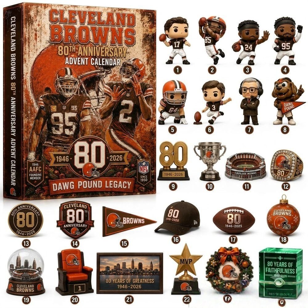 Cleveland Browns 80Th Anniversary Advent Calendar 24 Day Christmas Countdown Football Fans Gift, 3D Acrylic Collectibles