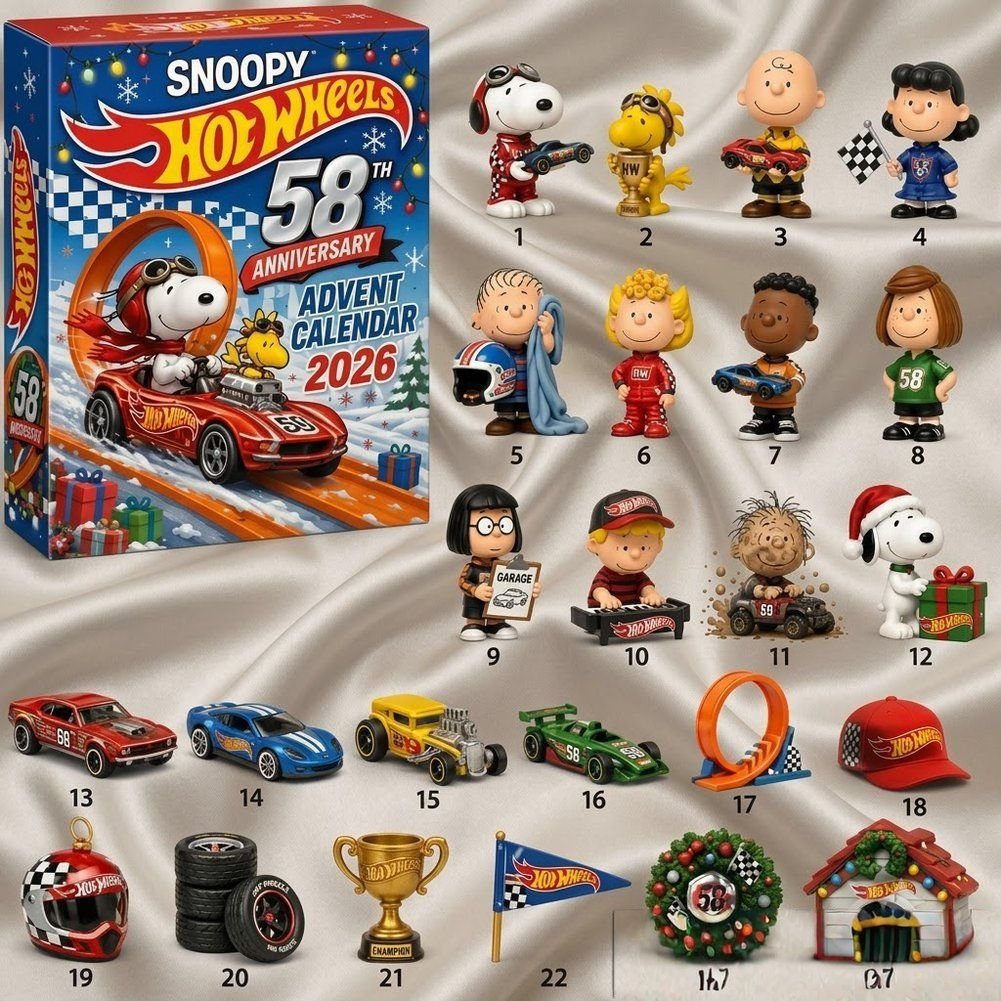 Hot Wheels X Peanuts Snoopy 58Th Anniversary Advent Calendar 24 Day Xmas Countdown Fans Gift, 3D Acrylic Collectibles
