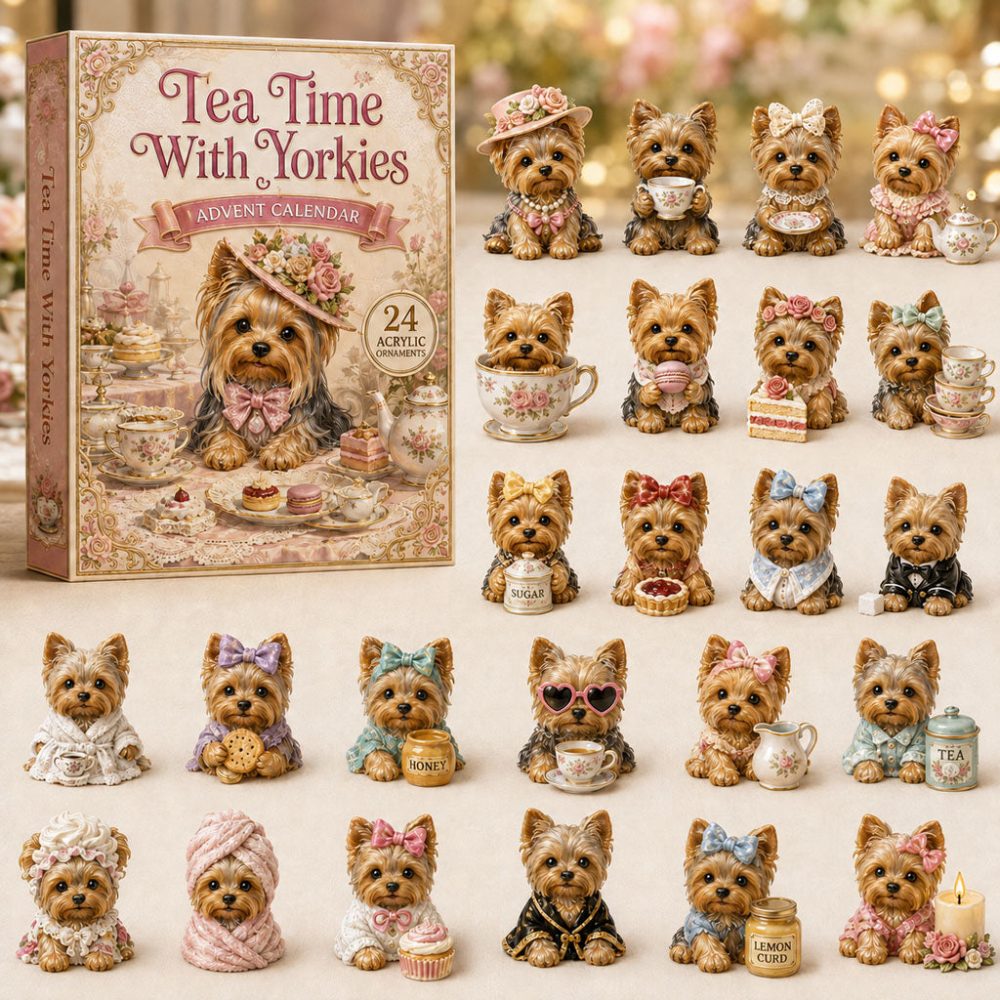 Tea Time With Yorkies Advent Calendar 2026 24 Day Holiday Cheer Gift For Yorkshire Lovers, 3D Acrylic Collectibles