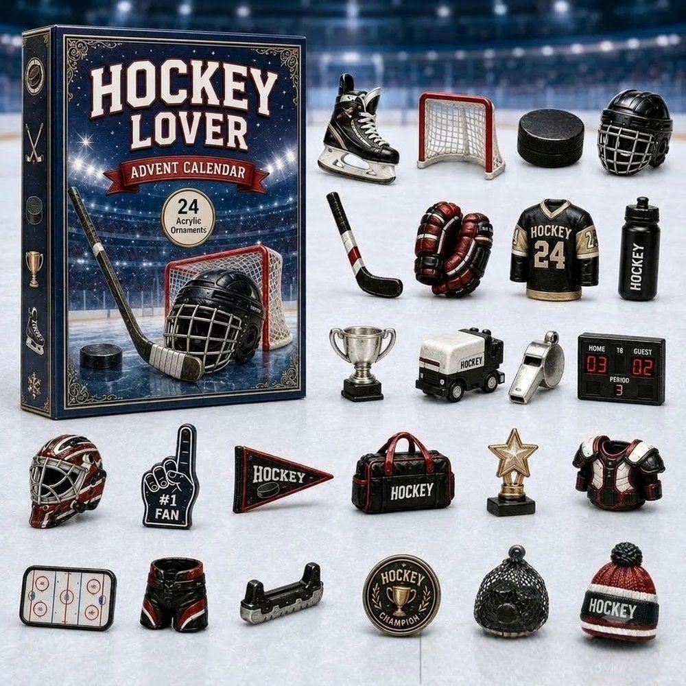 Hockey Lover 24 Acrylic Ornaments Advent Calendar 24 Day Christmas Countdown Sports Gift, 3D Acrylic Collectibles