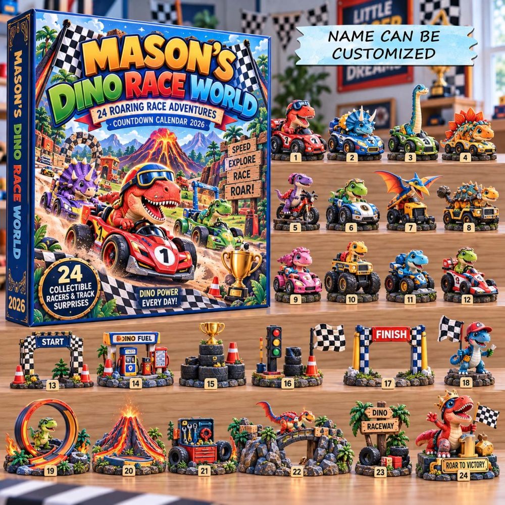 Personalized Dino Race World Advent Calendar 2026 Race Car 24 Days Countdown Racing Fan Gift, 3D Acrylic Collectibles