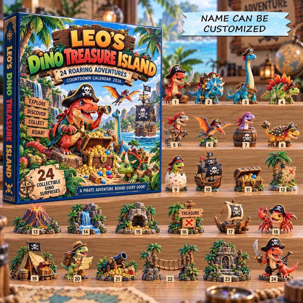Personalized Dino Treasure Island Advent Calendar 2026 Pirate 24 Days Countdown Dino Fan Gift, 3D Acrylic Collectibles