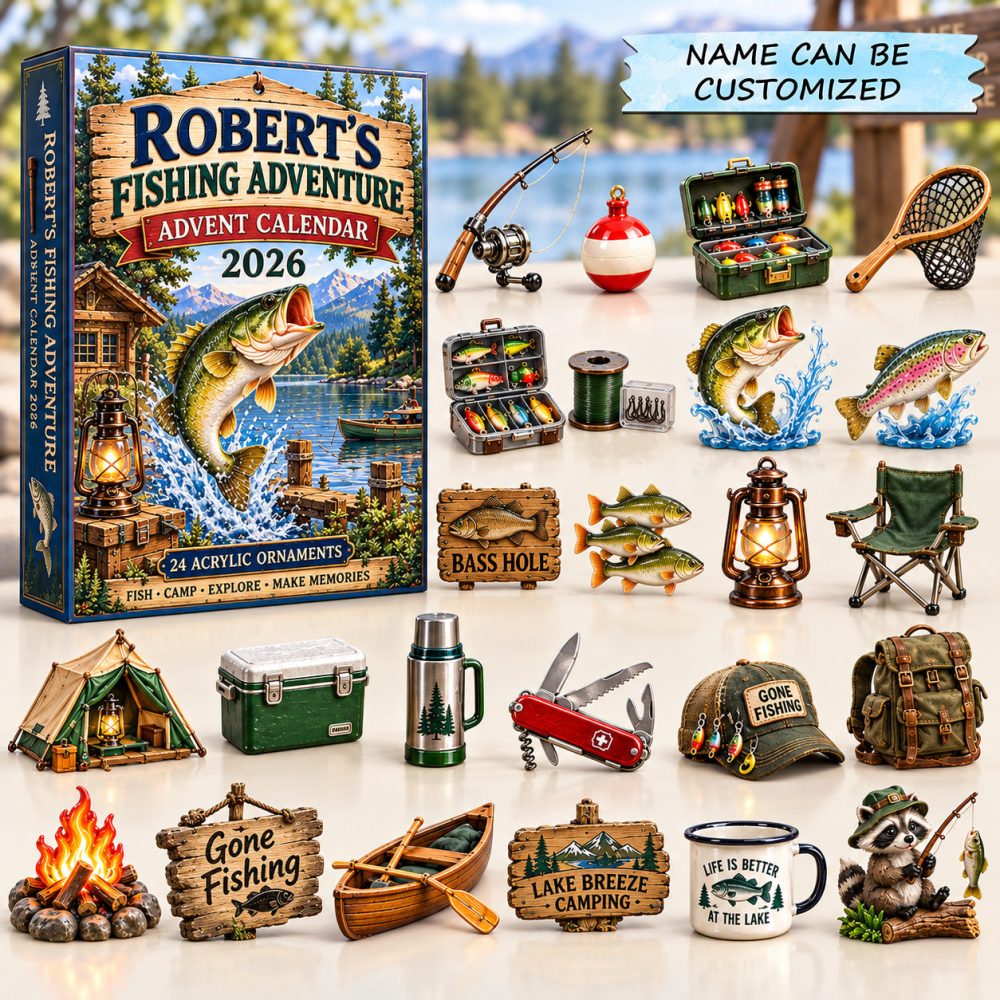 Personalized Fishing Adventure Advent Calendar 2026 Lake Camping 24 Days Countdown Outdoor Gift, 3D Acrylic Collectibles
