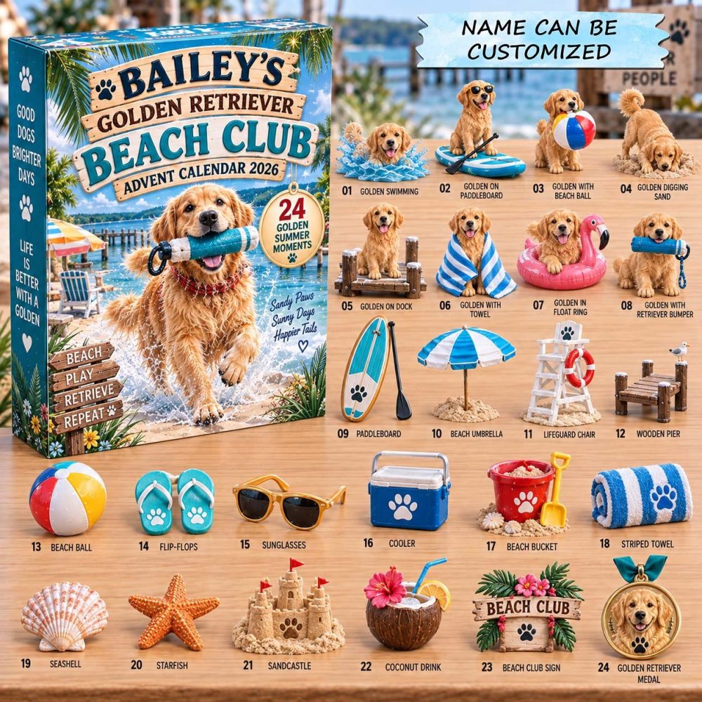 Personalized Golden Retriever Advent Calendar 2026 Beach Club 24 Days Countdown Dog Mom Gift, 3D Acrylic Collectibles