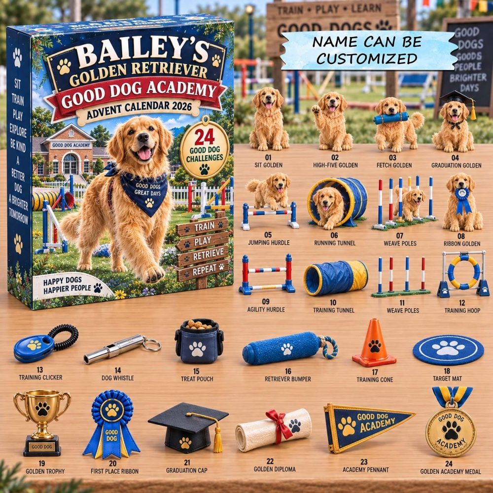 Personalized Golden Retriever Advent Calendar 2026 Dog Academy 24 Days Countdown Dog Owner Gift, 3D Acrylic Collectibles