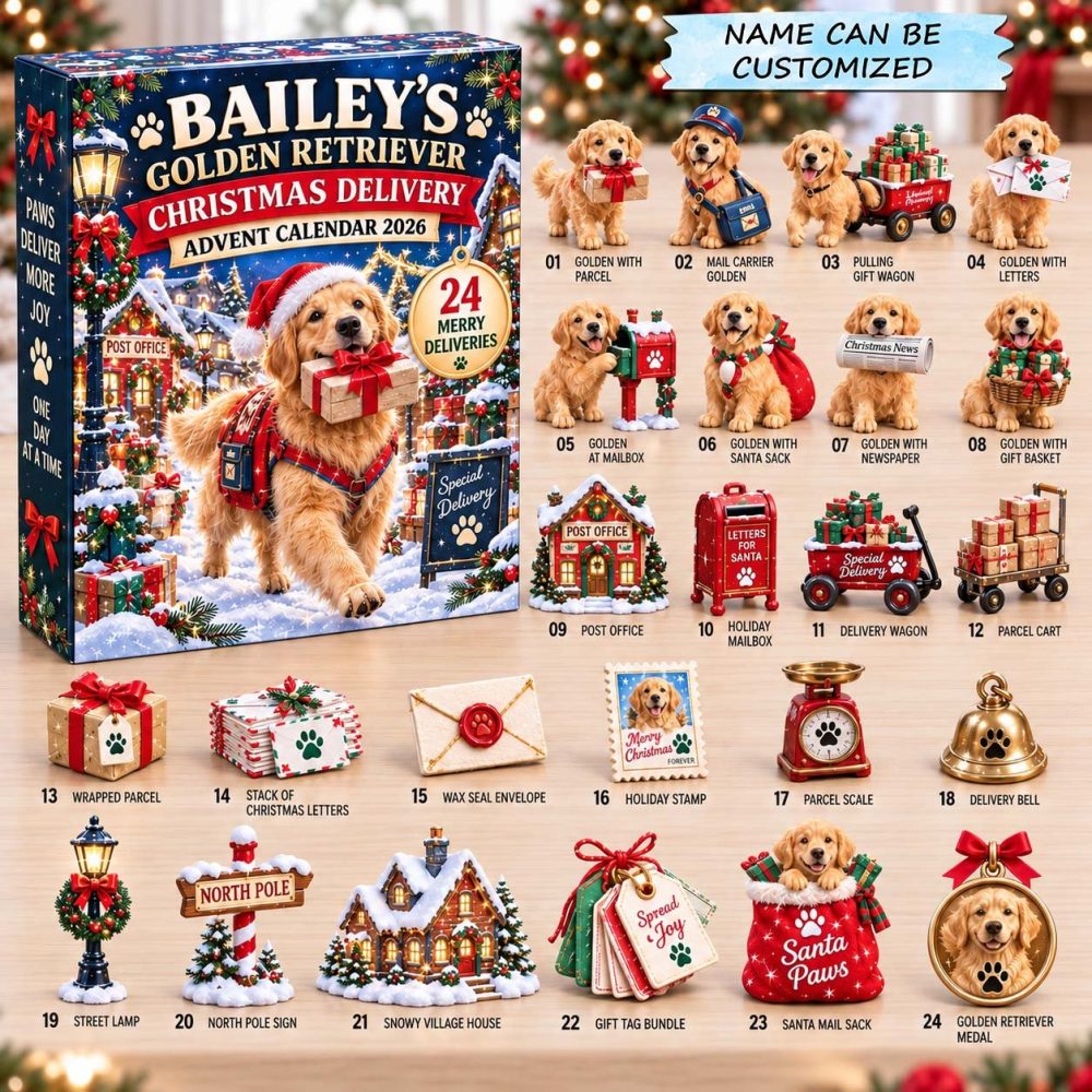 Personalized Golden Retriever Advent Calendar 2026 Mail Delivery 24 Days Countdown Dog Dad Gift, 3D Acrylic Collectibles