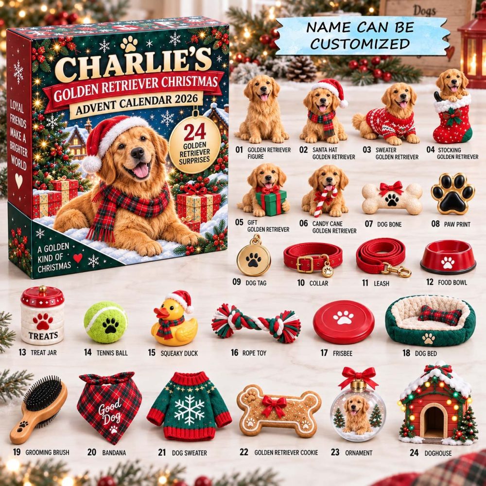 Personalized Golden Retriever Advent Calendar 2026 Santa Puppy 24 Days Countdown Dog Lover Gift, 3D Acrylic Collectibles