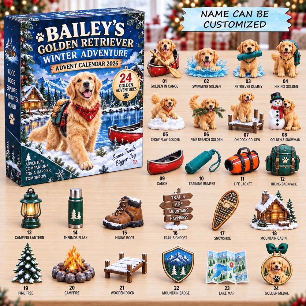 Personalized Golden Retriever Advent Calendar 2026 Winter Hike 24 Days Countdown Fur Mom Gift, 3D Acrylic Collectibles