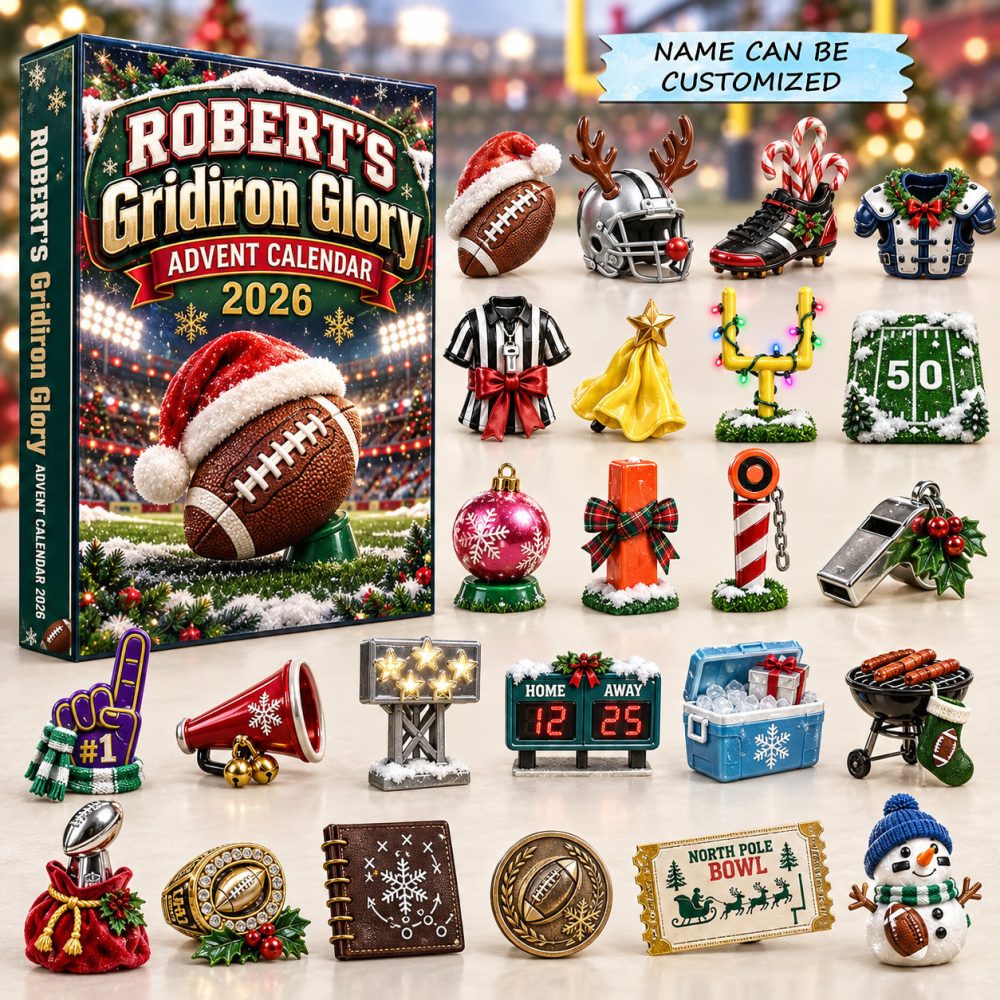 Personalized Gridiron Glory Advent Calendar 2026 Santa Football 24 Days Countdown Gift For Fans, 3D Acrylic Collectibles
