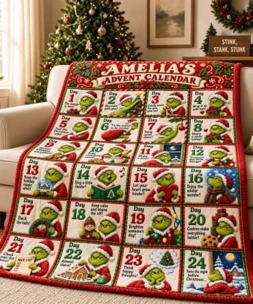 Personalized Grinch Christmas Advent Calendar Blanket Funny Christmas Gifts For Grinch Lovers
