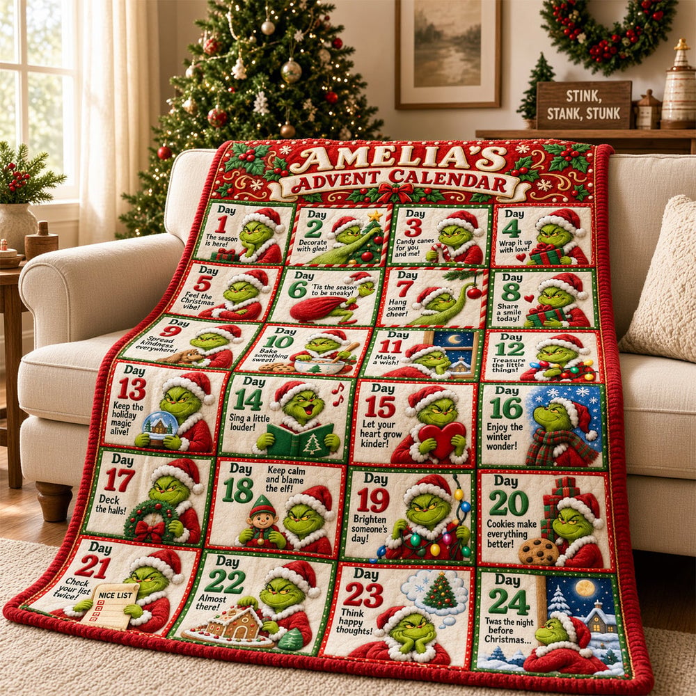 Personalized Grinch Christmas Advent Calendar Blanket Funny Christmas Gifts For Grinch Lovers
