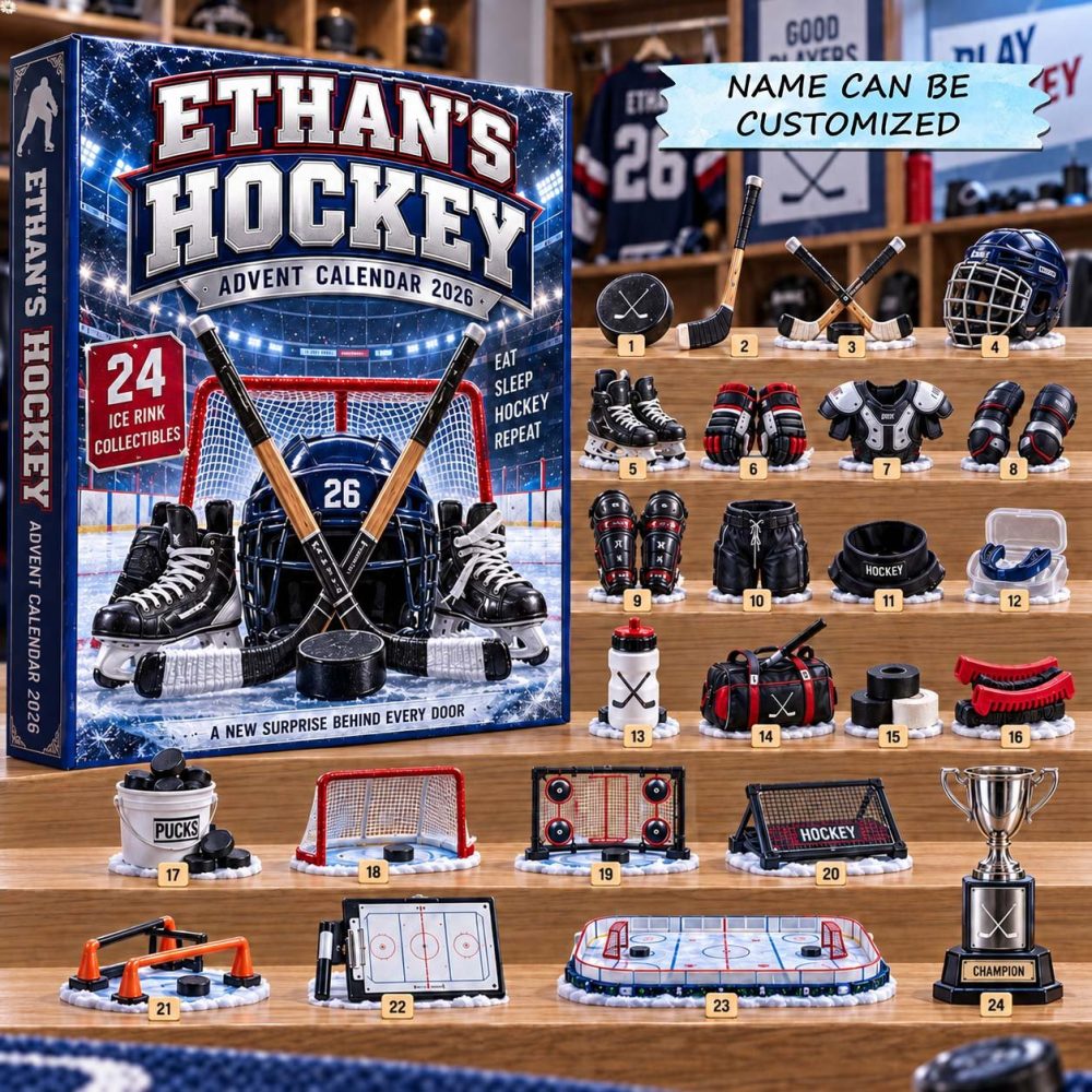 Personalized Hockey Advent Calendar 2026 Ice Rink Gear 24 Days Countdown Hockey Player Gift, 3D Acrylic Collectibles