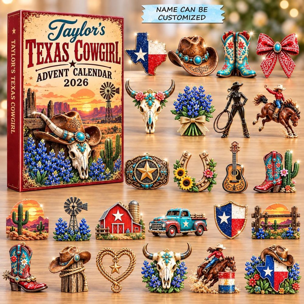 Personalized Texas Cowgirl Advent Calendar 2026 Bluebonnet 24 Days Countdown Cowgirl Gift, 3D Acrylic Collectibles
