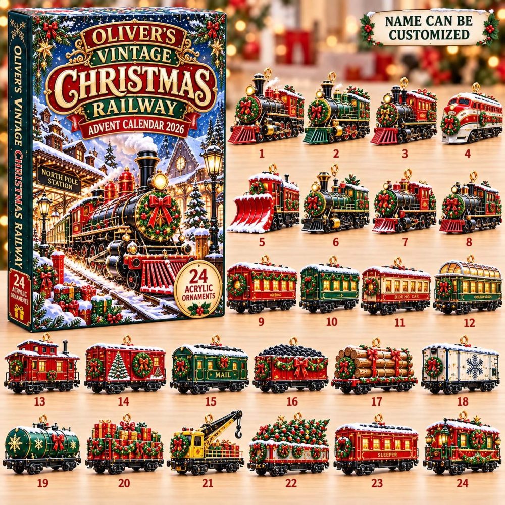 Personalized Vintage Christmas Railway Advent Calendar 2026 Steam 24 Days Countdown Railfan Gift, 3D Acrylic Collectibles