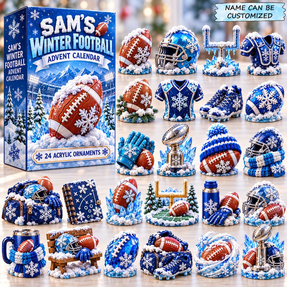 Personalized Winter Football Advent Calendar 2026 Snowflake 24 Days Countdown Football Fan Gift, 3D Acrylic Collectibles