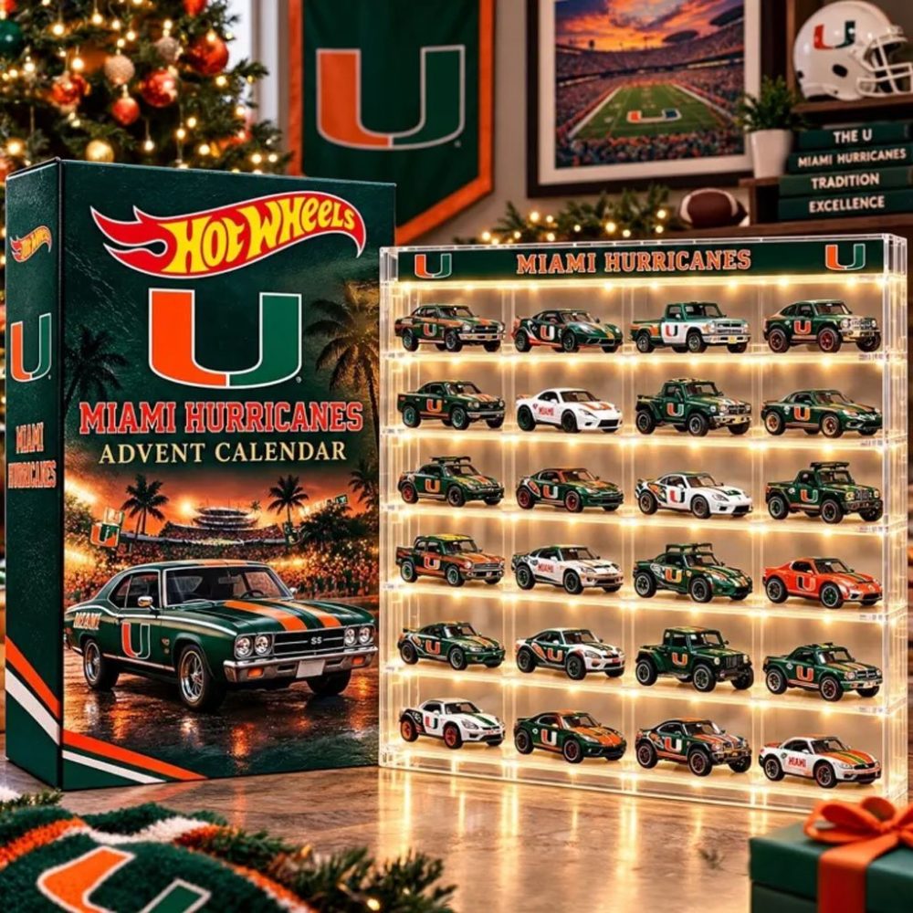 Miami Hurricanes Hot Wheels Advent Calendar Christmas Surprise Ornaments Hurricanes Merch