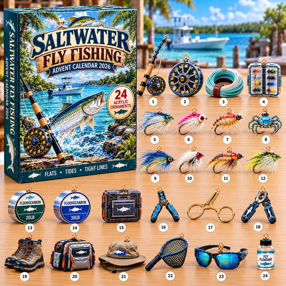 Saltwater Fly Fishing Advent Calendar 2026 Flies Reel Tackle 24 Days Countdown Angler Gift, 3D Acrylic Collectibles