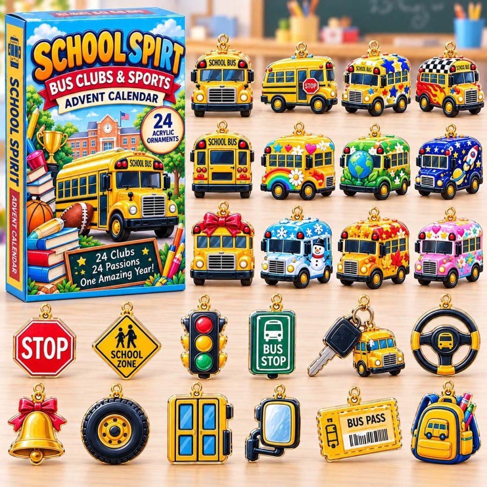 School Spirit Advent Calendar 2026 Bus Clubs And Sports 24 Days Countdown School Staff Gift, 3D Acrylic Collectibles