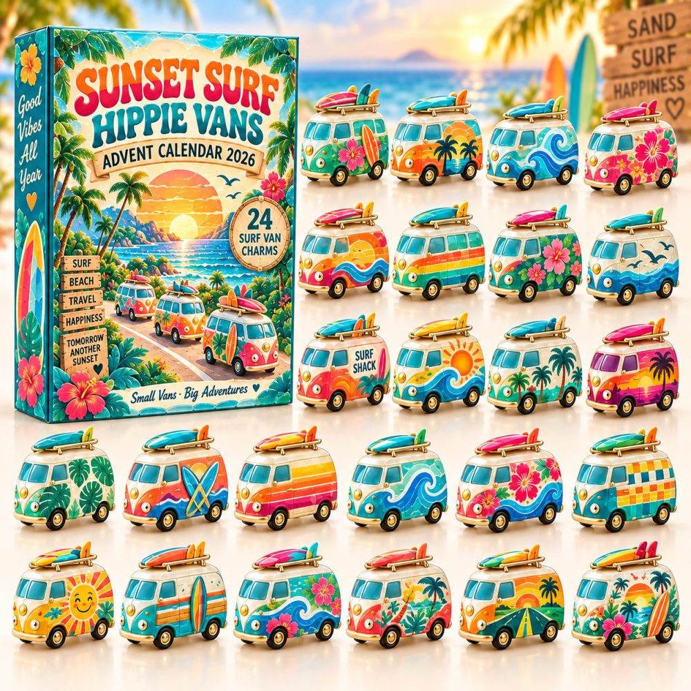 Sunset Surf Hippie Vans Advent Calendar 2026 Surf Van Charms 24 Days Countdown Surfer Gift, 3D Acrylic Collectibles