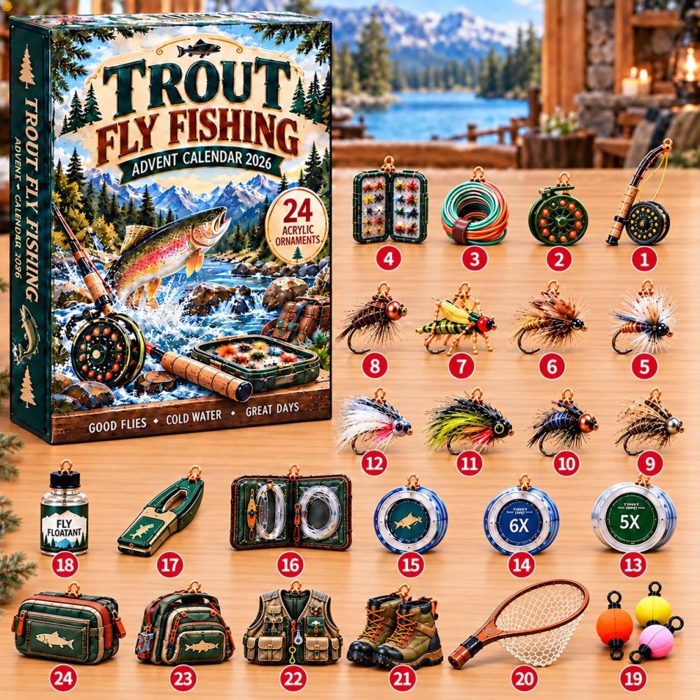 Trout Fly Fishing Advent Calendar 2026 Fly Tying Gear 24 Days Countdown Angler Gift, 3D Acrylic Collectibles