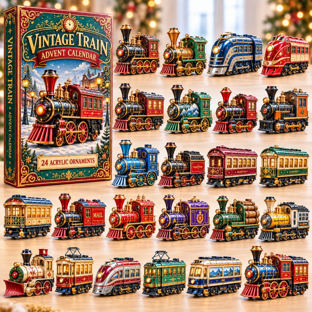 Vintage Train Advent Calendar 2026 Classic Locomotives 24 Days Countdown Railroad Fan Gift, 3D Acrylic Collectibles