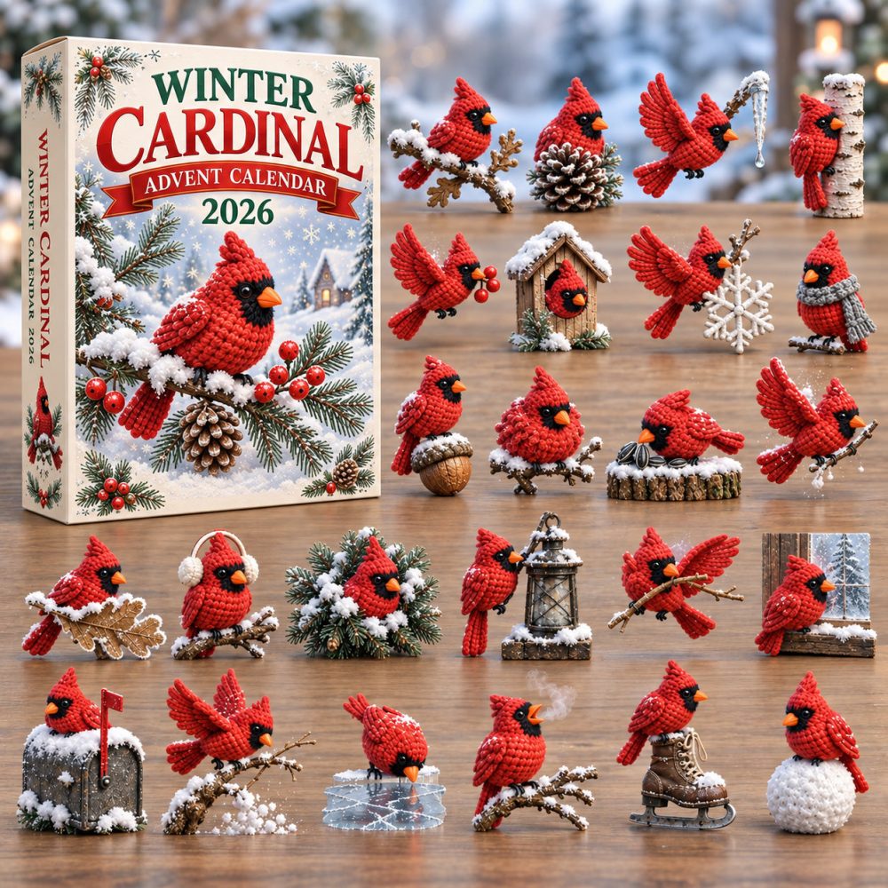 Winter Cardinal Advent Calendar 2026 Crochet Snowy Birds 24 Days Countdown Bird Lover Gift, 3D Acrylic Collectibles