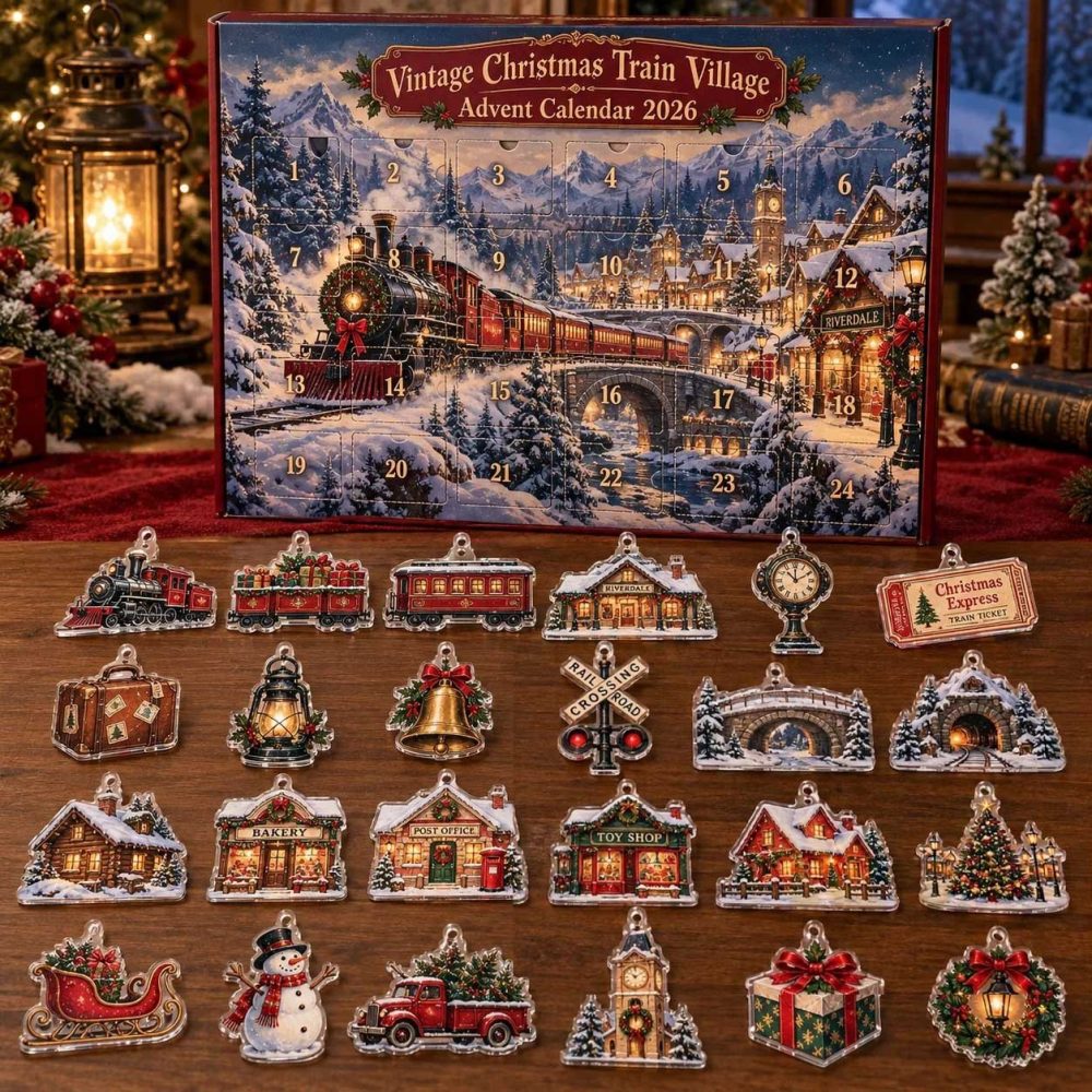 Vintage Christmas Train Village Advent Calendar 2026 24 Day Festive Mystery Box Gift For Holiday Fans, 3D Acrylic Collectibles