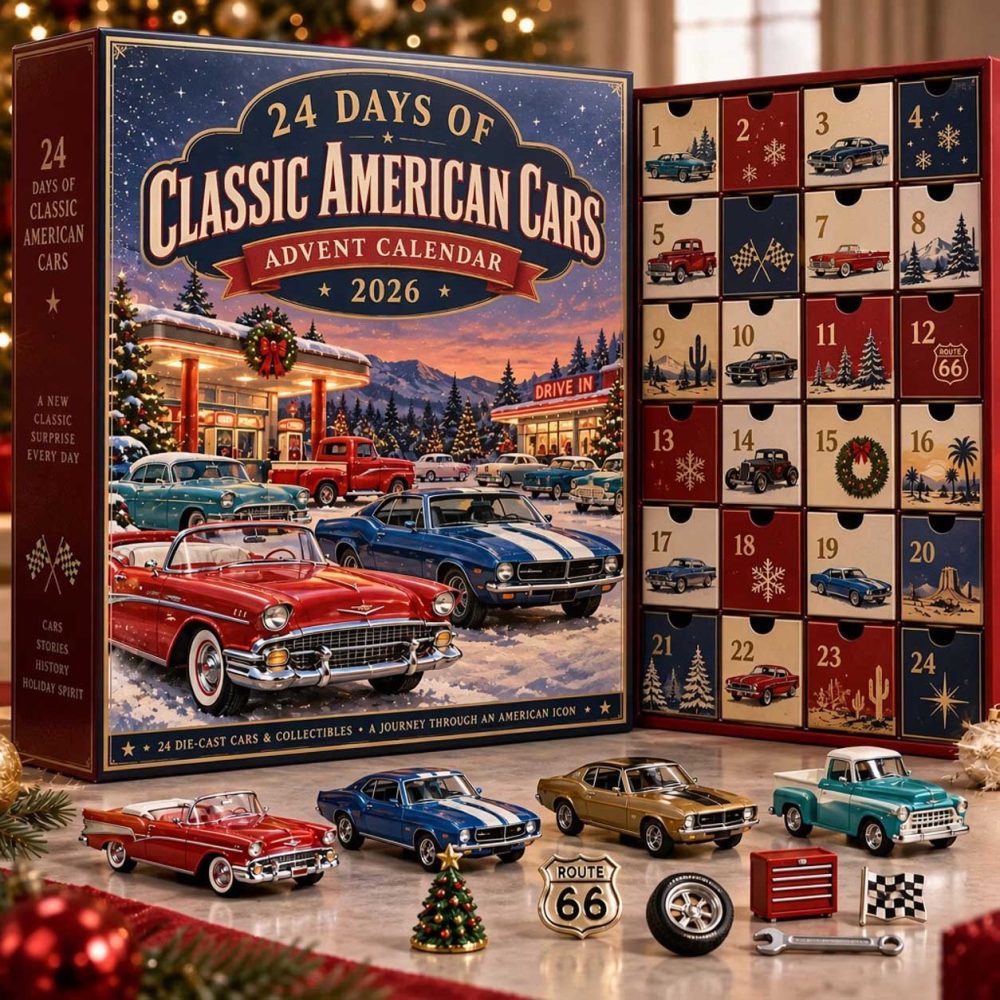 Classic American Cars Advent Calendar 2026 24 Day Festive Countdown Gift For Car Enthusiasts, 3D Acrylic Collectibles