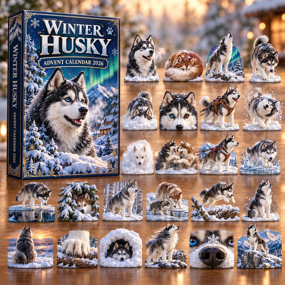 Winter Husky Advent Calendar 2026 Sled Dogs And Aurora 24 Days Countdown Husky Lover Gift, 3D Acrylic Collectibles