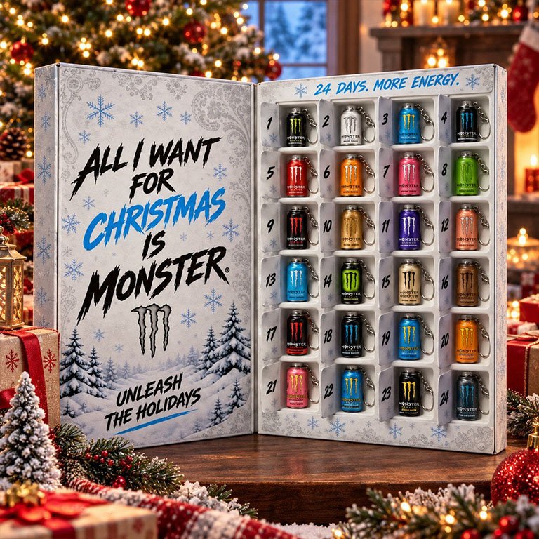 Monster Energy All I Want For Christmas Advent Calendar Monster Energy Countdown Gift Ideas, 3D Acrylic Collectibles