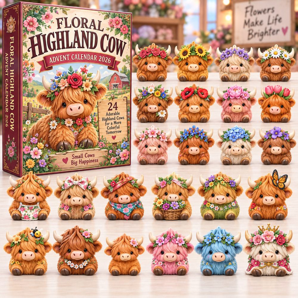 Floral Highland Cow Advent Calendar 2026 Flower Crown Calf 24 Days Countdown Gift For Her, 3D Acrylic Collectibles