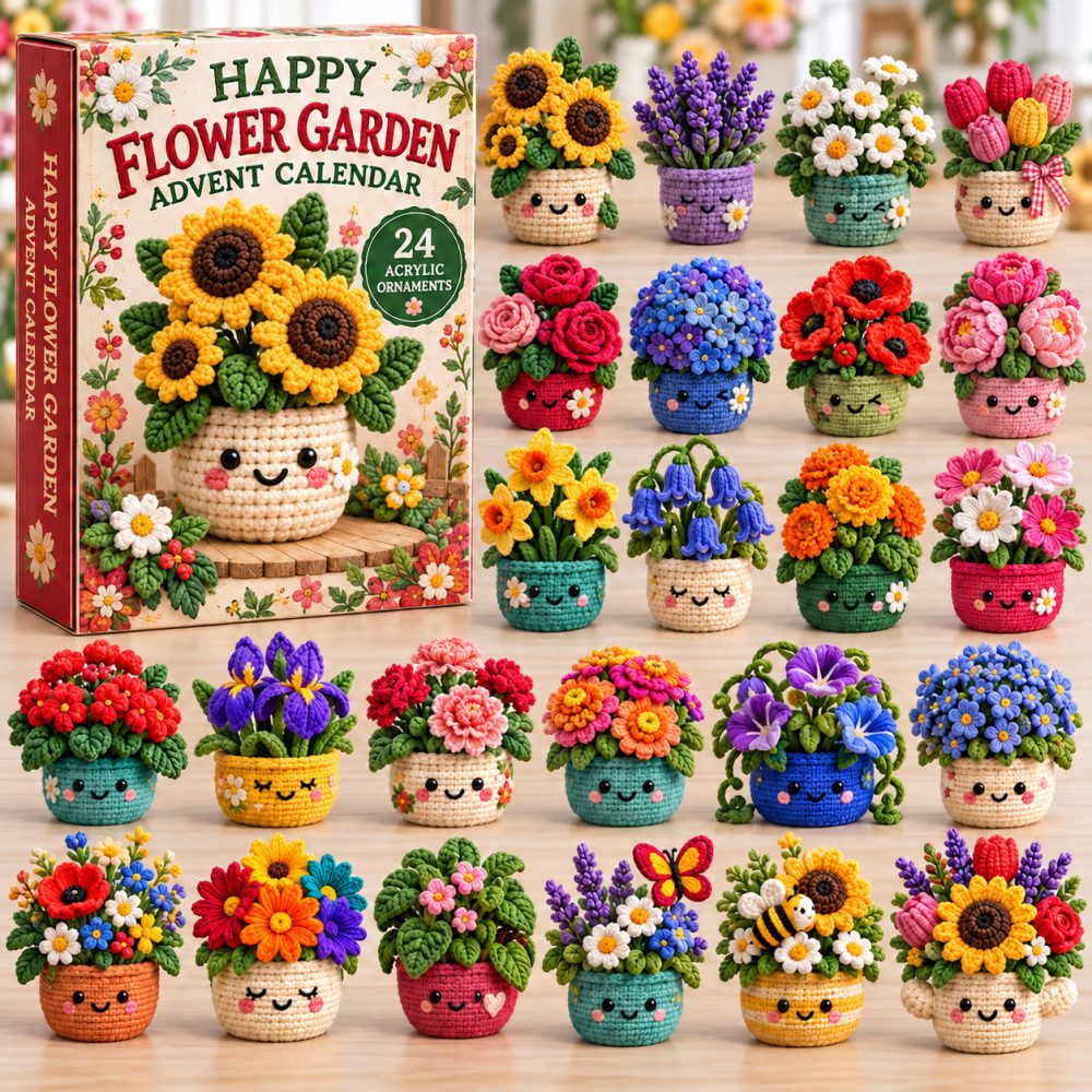 Happy Flower Garden Advent Calendar 2026 Crochet Flower Pot 24 Days Countdown Gardener Gift, 3D Acrylic Collectibles