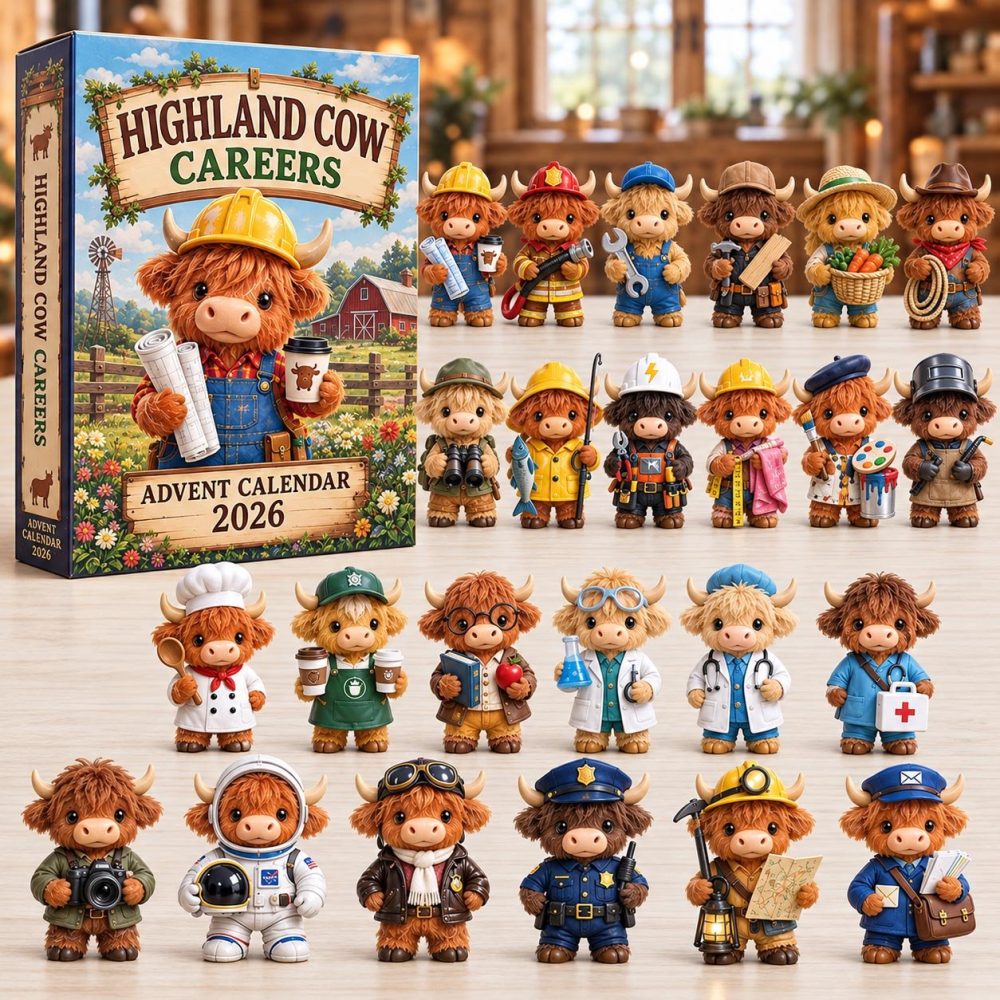 Highland Cow Careers Advent Calendar 2026 Firefighter Pilot 24 Days Countdown Coworker Gift, 3D Acrylic Collectibles