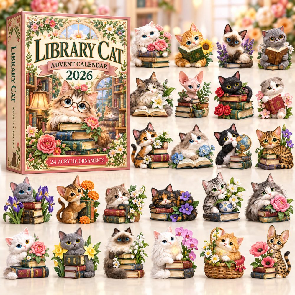 Library Cat Advent Calendar 2026 Bookish Kitten Flowers 24 Days Countdown Book Lover Gift, 3D Acrylic Collectibles