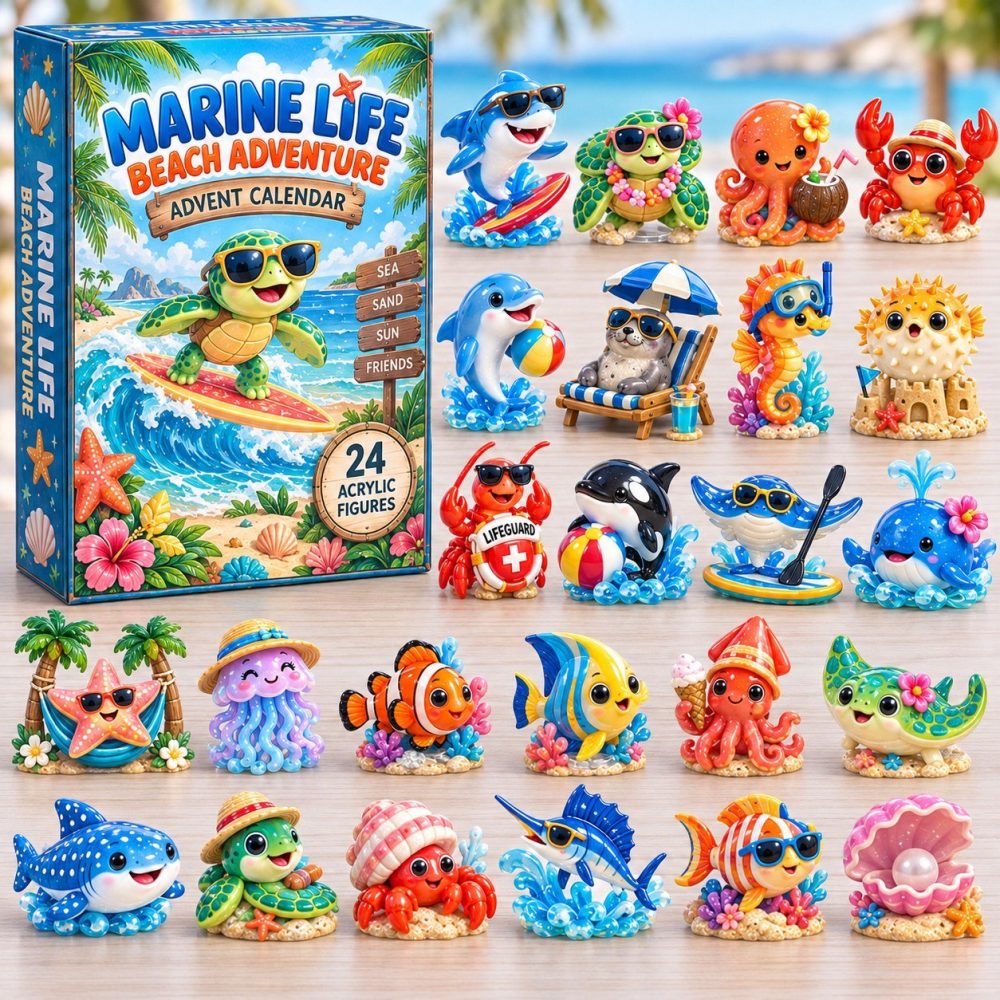 Marine Life Beach Adventure Advent Calendar 2026 Surf Sea Animals 24 Days Countdown Ocean Gift, 3D Acrylic Collectibles