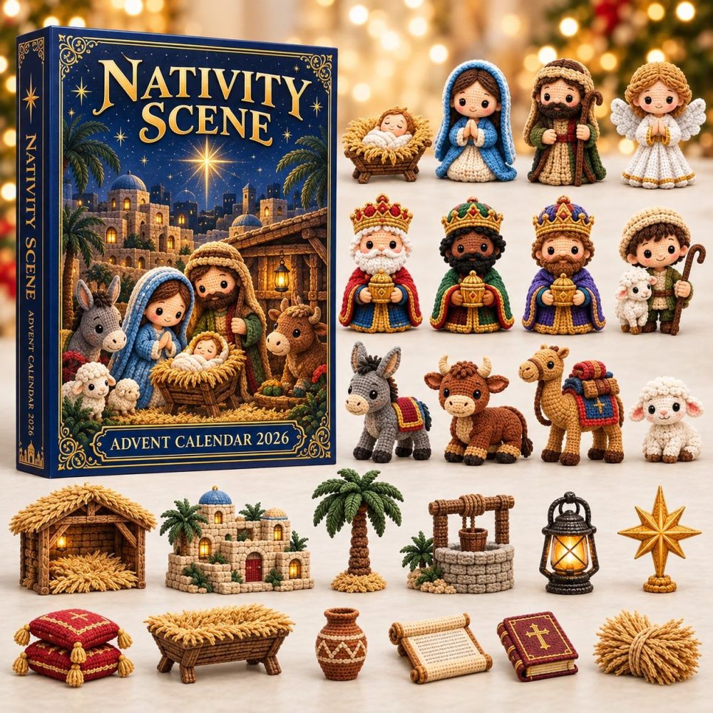 Nativity Scene Advent Calendar 2026 Crochet Bethlehem 24 Days Countdown Church Gift, 3D Acrylic Collectibles