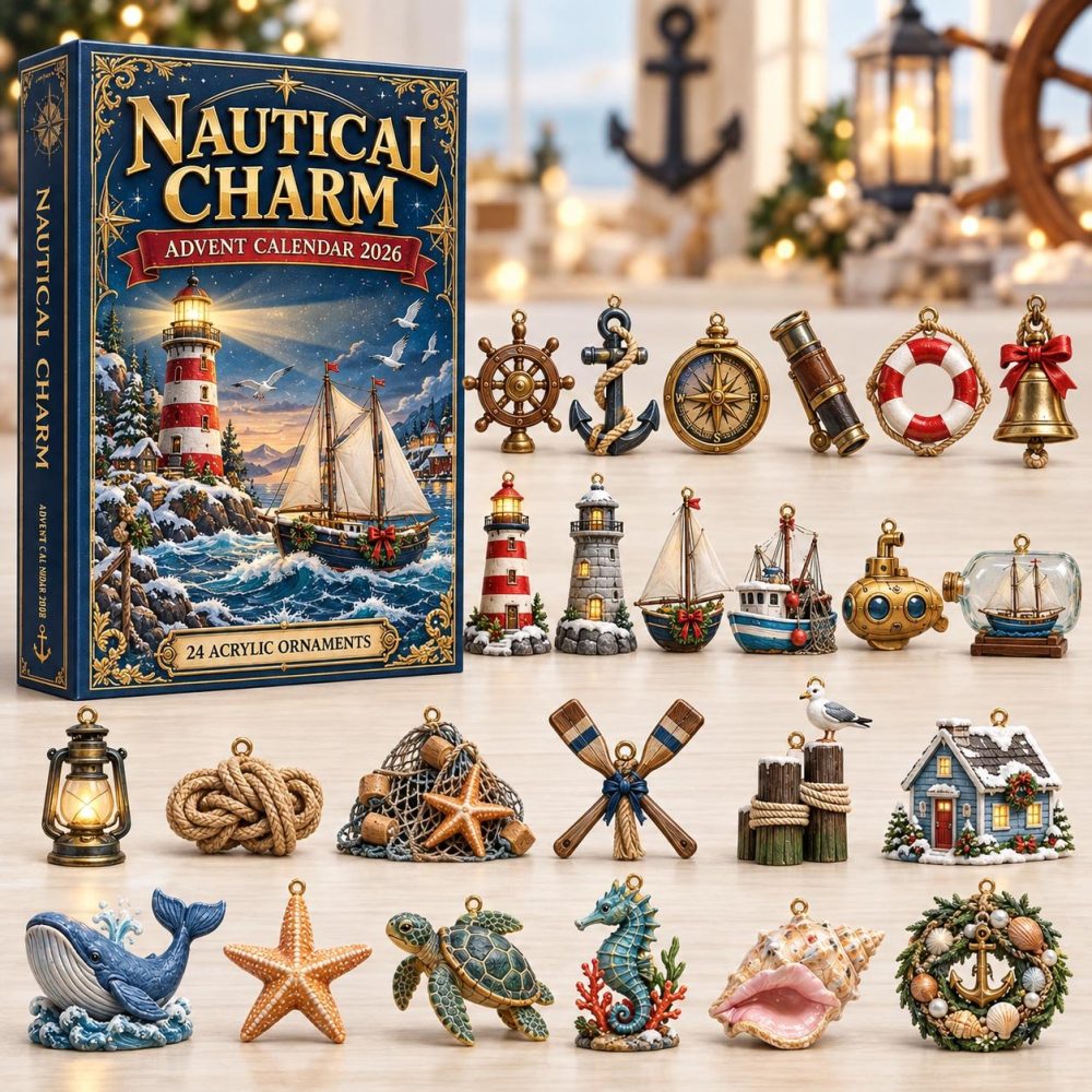 Nautical Charm Advent Calendar 2026 Lighthouse Sea Life 24 Days Countdown Beach House Gift, 3D Acrylic Collectibles