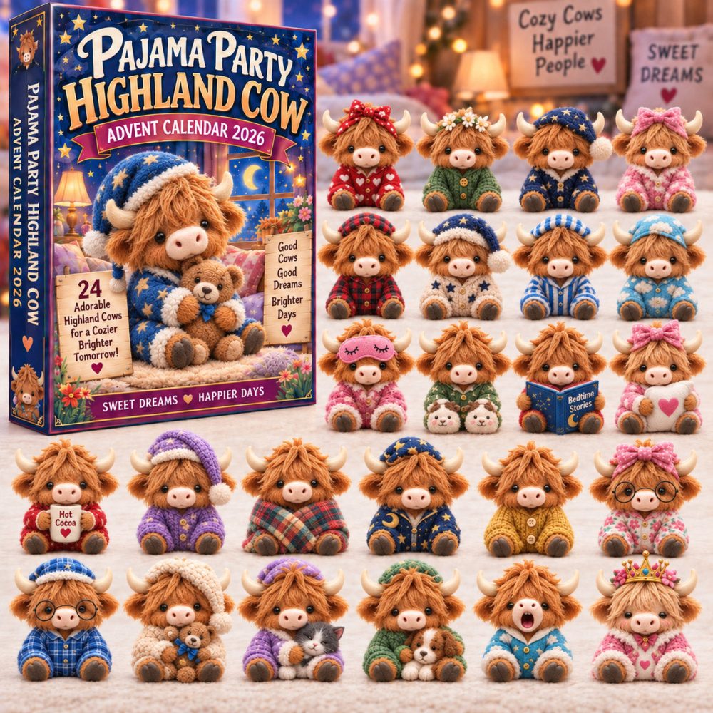 Pajama Party Highland Cow Advent Calendar 2026 Bedtime Calf 24 Days Countdown Cozy Gift, 3D Acrylic Collectibles