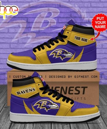Nfl Baltimore Ravens Custom Name Gold Purple Air Jordan 1 High Sneakers