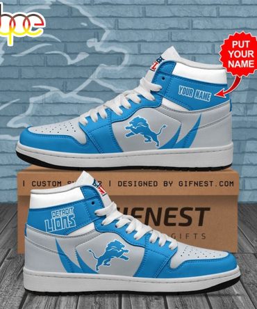 Nfl Detroit Lions Custom Name Silver Blue Air Jordan 1 High Sneakers