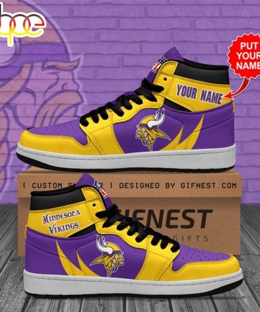 Nfl Minnesota Vikings Custom Name Yellow Purple Fire Air Jordan 1 High Sneakers