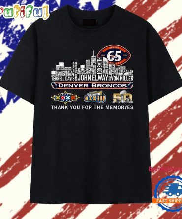Denver Broncos 65Th Anniversary Skyline Signatures Football T Shirt